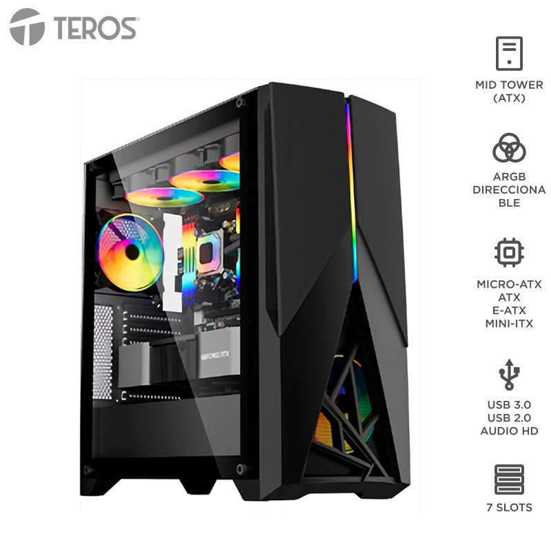 Case gamer TEROS TE-1174N, Mid Tower, USB 3.0 / USB 2.0, audio, ventilador ARGB, negro 1-compudisa Case gamer TEROS TE-1174N, Mid Tower, USB 3.0 / USB 2.0, audio, ventilador ARGB, negro