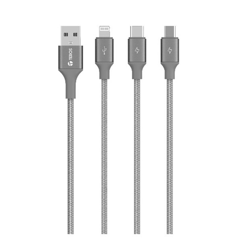 Cable de carga 3 en 1 TEROS TE-70210W, USB a Tipo C/Lightning/Micro USB, 17.5W Máx, gris 1-compudisa Cable de carga 3 en 1 TEROS TE-70210W, USB a Tipo C/Lightning/Micro USB, 17.5W Máx, gris