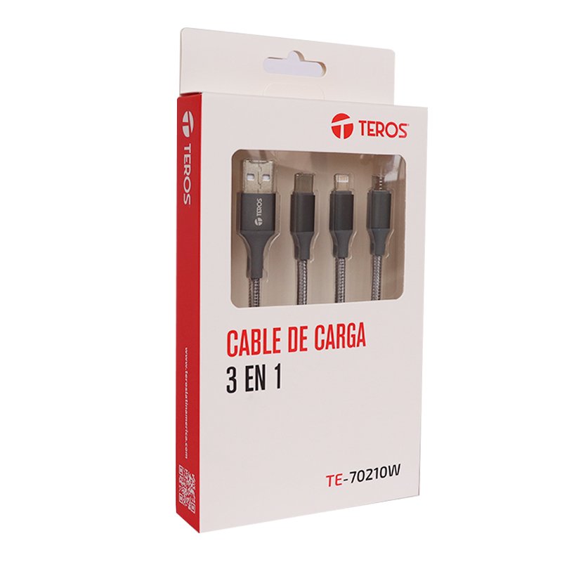 Cable de carga 3 en 1 TEROS TE-70210W, USB a Tipo C/Lightning/Micro USB, 17.5W Máx, gris 3-compudisa Cable de carga 3 en 1 TEROS TE-70210W, USB a Tipo C/Lightning/Micro USB, 17.5W Máx, gris - Imagen 3