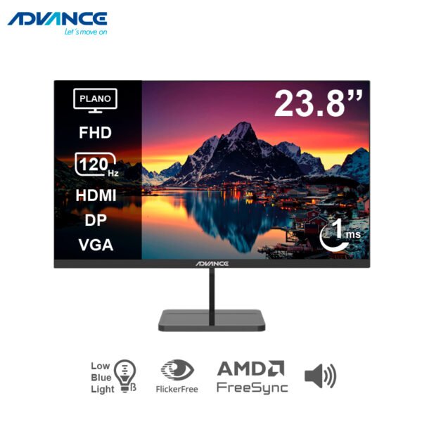 Monitor Plano Advance ADV-2453S, 23.8” FHD IPS,120Hz, 1ms, HDMI, DP, VGA, Parlantes, Negro