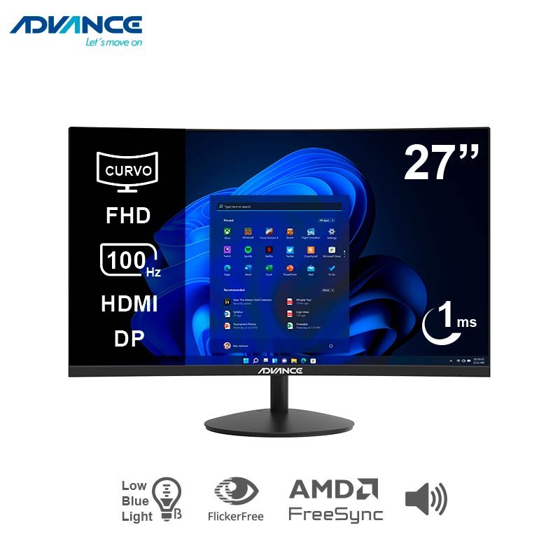 Monitor curvo ADVANCE ADV-2751S, 27” FHD VA, 100Hz, 1ms, HDMI, DP, Audio out, Parlantes 1-compudisa Monitor curvo ADVANCE ADV-2751S, 27” FHD VA, 100Hz, 1ms, HDMI, DP, Audio out, Parlantes